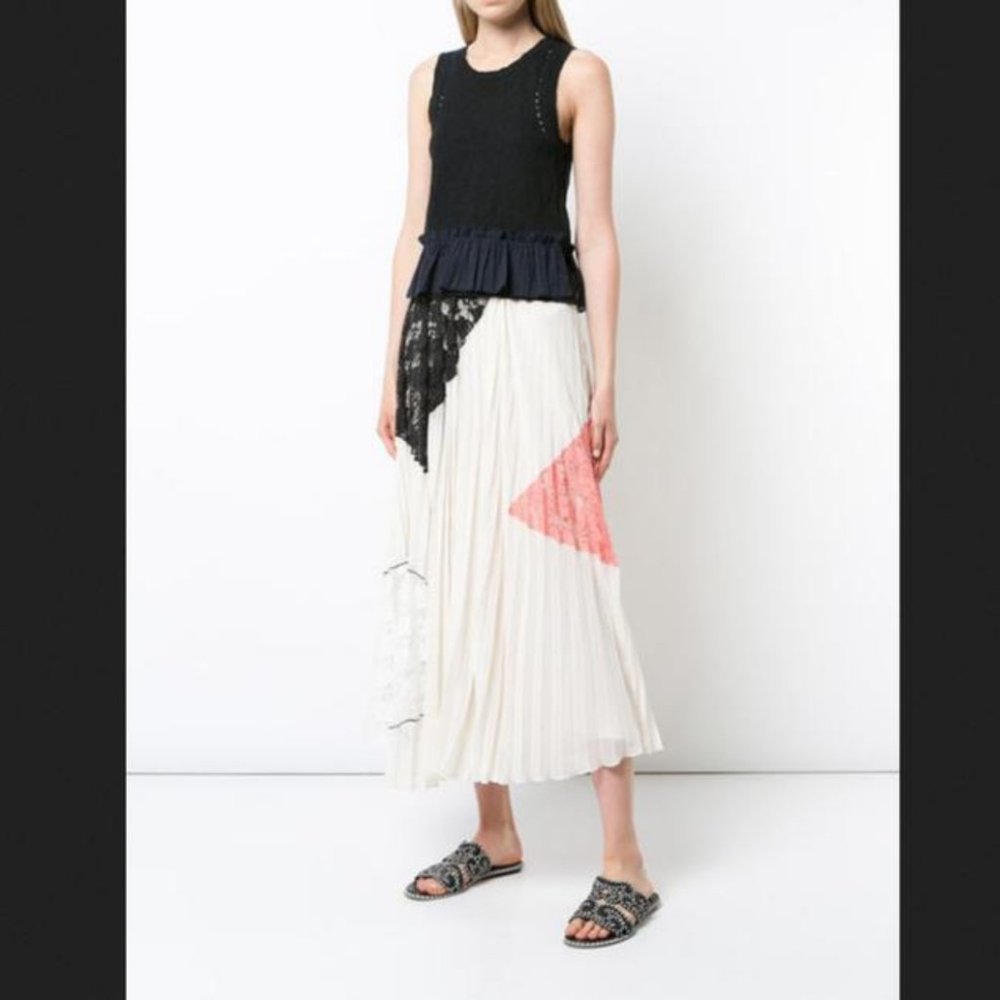 NWT Auc 10 Crosby Derek Lam Sandstone Pleated Lace Inserts Skirt - Picture 10 of 11